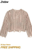 Znbbw TRAF Women Fashion Hem Ripped Knitted Sweater Female Chic O Neck Frayed Cropped Jumper Casual Loose Street Pullovers