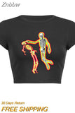 Znbbw Y2k tops skull print top Korean O-neck crop top 90s summer fashion punk casual aesthetic T-shirt vintage aesthetic top