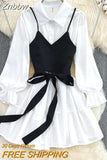 Znbbw New Spring Autumn New Fashion Casual Suit Female Korean Loose White Shirt Dress Slim Vest Dress Two-piece Set GD786