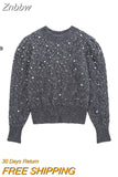 Znbbw Women Knit Pullover Silver Thread Long Sleeved O Neck Blouse Loose Sweater Top Female