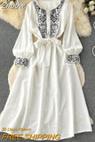 Znbbw Bohemian Lndie Folk Style Dress Women Embroidery Vintage Waist Cotton and Linen Holiday Dress Women Lace Up Long Dress G01