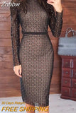 Znbbw Women Sexy Elegant Long Sleeve Lattice Glitter Diamond Turtleneck See Through High Waist Slim Bodycon Party Black Split Dress