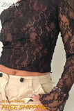 Znbbw Women Y2k Lace Floral Mesh Crop Tops Long Sleeve See Through Tee Shirts Sexy Sheer Going Out Blouse Streetwear