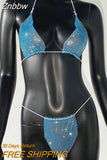 Znbbw Bling Rhinestones Fishnet Bikini Women Halter Bra Sexy Panty 2 Piece Outfits Lady Lingerie Set Sexy Swimwear Women