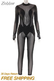 Znbbw Mesh Patchwork See Through Jumpsuits Women Turtleneck Long Sleeve Slim Fit Pencil Pants One Piece Rompers 2023 Spring Fall
