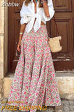 Znbbw Party Women Ruffle Half-length Long Skirt Summer Bohemian Floral Print A-line Skirt Casual High Waist Pleats Beach Skirt