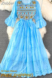 Znbbw Ethnic Style Embroidery Hollow Round Neck Trumpet Sleeve Waist A-line Dress Seaside Holiday Swing Vestidos Women D1233