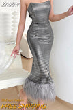 Znbbw Sexy Strapless Feather Hem Bodycon Y2K Night Dresses for Women Off the Shoulder Evening Party Elegant Midi Dress