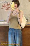 Znbbw Vintage Knitted Tank Tops Women Harajuku Solid Hollow Out Vest Korean Fashion Loose Casual Sleeveless Tops High Street