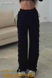 znbbw Sexy Streetwear Summer New Ladies Sport Clothes Casuals Hollow Out Wide Leg Pants Fashion Bandage Split Drawstring