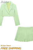 Znbbw TRAF 2023 Fashion Women Green Blazer Suits Open Stitch Long Sleeve Crop Top Female Shorts Skirts Thin Y2K 2 Piece Set