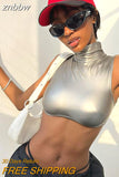znbbw Summer Sexy silver Crop Top Club Outfit For Women 2023 Turtleneck Button Sleeveless Corset Tank Tops Party Casual Tops