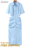 Znbbw ZBZA Women 2023 Shirt Dress Women Waist Cut-out Midi Dress Fashion Design Sexy Elegant Femme Vestidos 202307