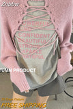 Znbbw Korean Fashion Pink Cropped Sweater Women Harajuku Bandage Knitted Pullover Loose Lace Up Y2K Tops Jumper Streetwear