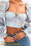 Znbbw Summer Autumn Fashion Women Blouse 2023 Floral Print French Puff Sleeve Square Neck Chiffon Shirts Female Tops