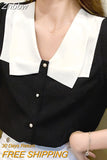 Znbbw Women Black Blouse Short Sleeve V-Neck Chiffon Blouse Shirt Tops Blouse Women Blusas Mujer De Moda 202 Blouses Femme F59