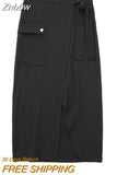 Znbbw TRAF Women Fashion With Pockets Dark Green Front Slit Midi Skirts Vintage High Waist Female Chic Lady Long Skirt