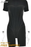 Znbbw 2023 New Short Sleeve Playsuit Women Overalls Spring Striped Zipper Sporty Rompers Ladies Casual Bodycon Playsuits