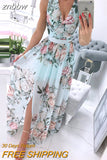 znbbw Deep V-Neck Sleeveless Beach Dress Elegant Women Chiffon Maxi Split Sunress Vintage Floral Print Long Cover-Ups Vestidos 0410