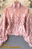 Znbbw 2023 New Fashion Blouse Female Hollow Lantern Sleeve Temperament Blusa Stand-up Collar Slim Short Lace Shirt C342