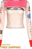 Znbbw Women Print T-Shirt Fashion Casual Sexy See Through Mesh O Neck Long Sleeve Tee Female Streetwear Wild Slim Stretch Top
