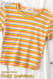 Znbbw T Shirt Women Rainbow Striped Tops Slim Fit t shirt Harajuku Tshirt Summer Short Sleeve Korean T-shirt feminina Clothes Tops