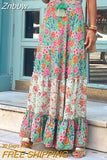 Znbbw Party Women Ruffle Half-length Long Skirt Summer Bohemian Floral Print A-line Skirt Casual High Waist Pleats Beach Skirt
