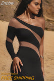 Znbbw Mesh See Through Patchwork Midi Dress For Women Robe Autumn New One Sleeve Backless Bodycon Long Dress Vestido
