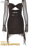 Znbbw Sexy Hollow Out Mini Dress Women Robe Double Layer Mesh Strapless Full Sleeve Backless Skinny Party Short Dress Vestido