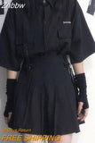 Znbbw Women Dark Black Shirt And Gothic Mini Skirt Two Piece Set Female BF Shirt Top Sexy Pleated Skirt Set Ladies Summer 2 Piece Suit