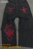 Znbbw Leg Women Jeans Y2K Streetwear Casual Hip Hop Pants Men Trousers Retro Skull Embroidery Washed Loose Pantalones