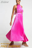 Znbbw Women Elegant Pressed Pleat Backless Dresses 2023 Spring Summer Sexy Solid Satin Dress Female Bodycon Fashion Party Gown