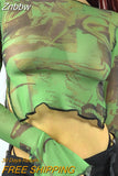 Znbbw See Trough Crop Top Vintage Graphic Print Green Mesh Sheer T-shirt Long Flare Sleeve Slim Fit Tee Women Clothes