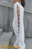 znbbw Sexy Streetwear Summer New Ladies Sport Clothes Casuals Hollow Out Wide Leg Pants Fashion Bandage Split Drawstring