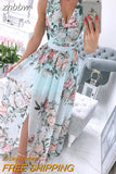 znbbw Deep V-Neck Sleeveless Beach Dress Elegant Women Chiffon Maxi Split Sunress Vintage Floral Print Long Cover-Ups Vestidos 0410