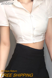 znbbw Sexy White Shirt Women Stand Neck Button Short Sleeve Slim Crop Blouse 2023 Summer New Party Y2k Female Clothing Tops