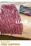 znbbw Summer Vintage Floral Print Soft Mid Long Elastic Waist Folds Skirts Women's Elegant Chiffon High Waist Loose Fit Skirt