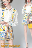 Znbbw Summer Runway Flower Print Two-piece Set Women Flare Sleeve Ruffles Shirt Top and Stripe Pocket Shorts Suits Set N56608