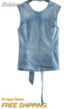 Znbbw TRAF 2023 Women Tops Fashion New Bowtie Denim Backless Casual Sexy Sleeveless Tops Woman Female Top