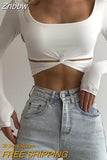 Znbbw O-Neck Twist Hollow Out Crop Top T-Shirts for Women Long Sleeve Thumb Holes Fall Outfits Streetwear Slim T Shirt