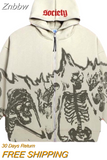 Znbbw Men Streetwear Crewneck skeleton Hoodie Couple Y2K Vintage skeleton hoodie Zipper hoodie Oversized sweatshirt Goth top NEW