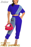 Znbbw Jean Patchwork Women Two 2 Piece Set 2023 Summer Tee And Jogger Pants Matching Set Female Suits