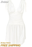 Znbbw Sweet Sexy Deep V Neck Mini Dress Women Sleeveless Lace Up Slim Fit Backless Dress Party Fashion Elegant Casual Sundress