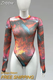 Znbbw Tie Dye Bodysuit Long Sleeve Lingerie Body Uncensored Tight Fitting Woman Crotchless Mesh Sexy Tops See Through Outfit