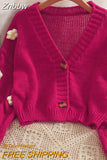 Znbbw Kawaii Y2K Cropped Cardigan Women Harajuku Sweet 3D Flower Knitted Sweater Korean V-neck All-match Tops Aesthetic 2000s