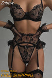 Znbbw Fancy Lace Lingerie Ruffle Garter Belt Underwear Transparent Bra And Panty Set Seamless Intimate Sensual Exotic Sets