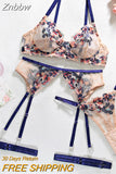 Znbbw Fancy Lingerie Floral Underwear 5-Piece Transparent Lace Intimate Luxury Push Up Bra Panty Set Garter Sexy Outfits