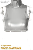 znbbw Summer Sexy silver Crop Top Club Outfit For Women 2023 Turtleneck Button Sleeveless Corset Tank Tops Party Casual Tops
