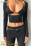 Znbbw Women Sexy Cutout Black T-Shirts Grunge Punk Style Long Sleeve Low Cut Deep V Slim Cropped Tops Casual Streetwear Tees