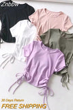 Znbbw Side Drawstring Tie Up Ruched Tank Tops Women Solid Color Slim Crop Top Ladies Streetwear Ribbed Knitted Tees